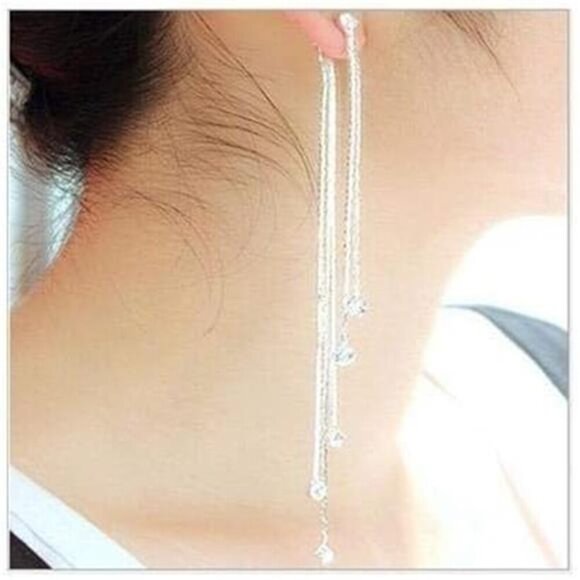 Women's Linear Long Tassels Diamante Rhinestone Dangle Party Eardrop Earrings - Picture 4 of 7